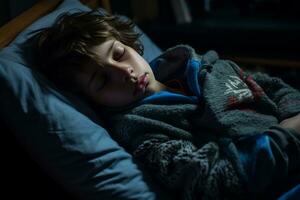 a young boy sleeping in bed at night generative ai photo