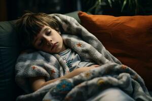 a young boy sleeping on a couch under a blanket generative ai photo