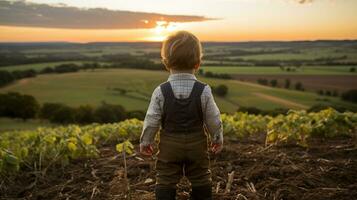 a young boy standing in the middle of a field at sunset generative ai photo