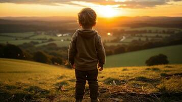 un joven chico en pie en un colina mirando a el puesta de sol generativo ai foto