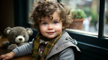 a young boy with curly hair sitting next to a teddy bear generative ai photo