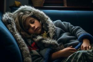 a young child sleeping on a blue couch generative ai photo