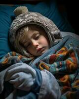 a young child sleeping in bed with a blanket generative ai photo