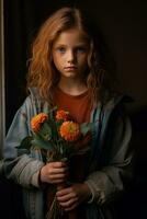 un joven niña participación un ramo de flores de flores generativo ai foto