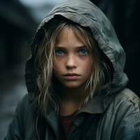 a young girl in a hooded jacket looking at the camera generative ai photo