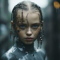 a young girl in the rain with her face covered in makeup generative ai photo