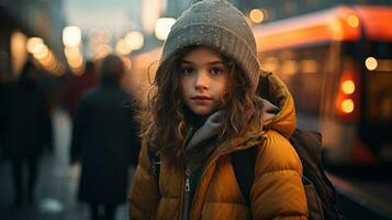 a young girl in a winter coat standing in front of a bus generative ai photo