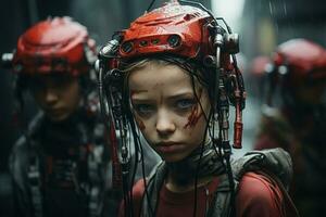 a young girl in a red helmet with blood on her face generative ai photo