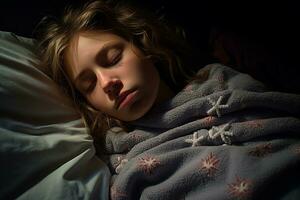 un joven niña es dormido en un cama generativo ai foto