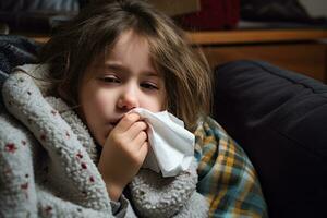 a young girl is blowing her nose while sitting on a couch generative ai photo