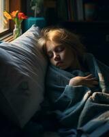 a young girl is sleeping in a bed generative ai photo