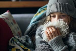 a young girl is wearing a hat and scarf while sitting on a couch generative ai photo