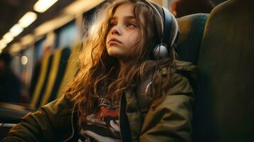 a young girl sitting on a train with headphones on generative ai photo