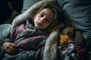 a young girl laying in bed with stuffed animals generative ai photo