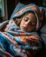 a young girl sleeping in bed with a blanket generative ai photo