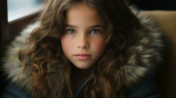 a young girl wearing a coat and looking into the camera generative ai photo