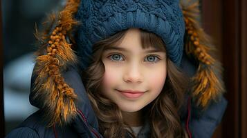 a young girl wearing a blue coat and hat generative ai photo