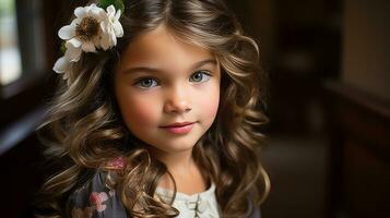 un joven niña con azul ojos y un flor en su pelo generativo ai foto