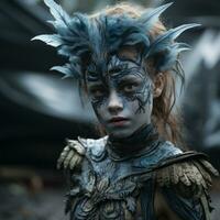 a young girl with blue face paint and feathers on her head generative ai photo