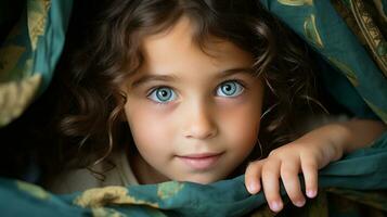 un joven niña con azul ojos echar un vistazo fuera desde detrás un verde cortina generativo ai foto