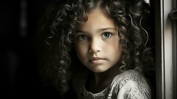 un joven niña con Rizado pelo mirando fuera el ventana generativo ai foto