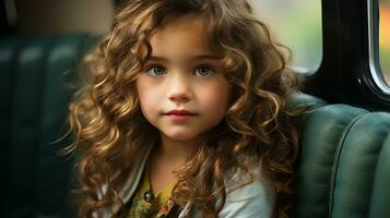 a young girl with curly hair sitting in a car generative ai photo