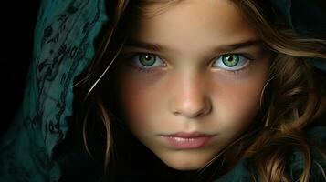 un joven niña con verde ojos en un capucha generativo ai foto