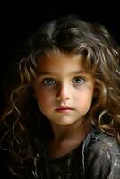 un joven niña con Rizado pelo y verde ojos generativo ai foto