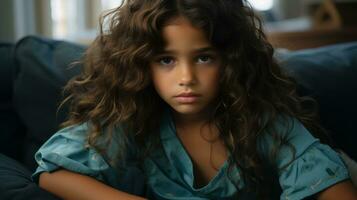 a young girl with curly hair sitting on a couch generative ai photo