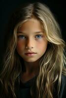 un joven niña con largo pelo y azul ojos generativo ai foto