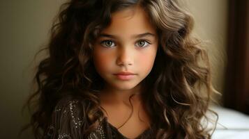 a young girl with long curly hair and blue eyes generative ai photo