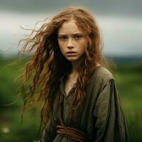 a young girl with long red hair standing in a field generative ai photo