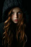 a young girl with long red hair in a black sweater generative ai photo