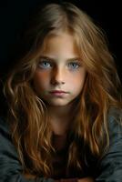 un joven niña con largo ondulado pelo y azul ojos generativo ai foto
