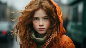 un joven niña con rojo pelo en un naranja chaqueta generativo ai foto