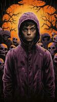 a young man in a purple hoodie standing in front of a group of skulls generative ai photo