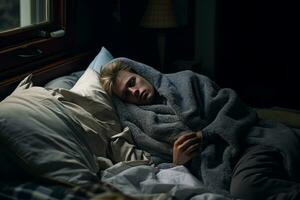 a young man is wrapped in a blanket on a bed generative ai photo
