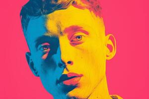 a young man with a pink and blue background generative ai photo