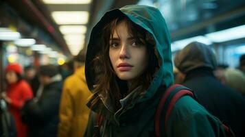 a young woman in a green jacket standing in a subway generative ai photo