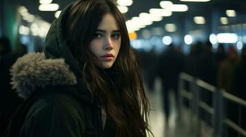 a young woman in a green jacket standing in an airport generative ai photo