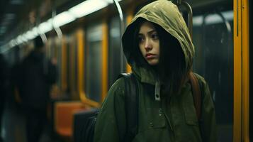un joven mujer en un verde chaqueta en pie en un subterraneo tren generativo ai foto