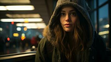 a young woman in a hooded jacket sitting at an airport generative ai photo