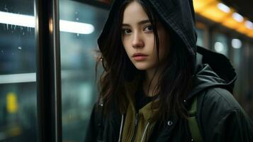 a young woman in a hooded jacket standing on a subway platform generative ai photo