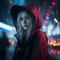 a young woman in a rain jacket standing in the middle of the street generative ai photo