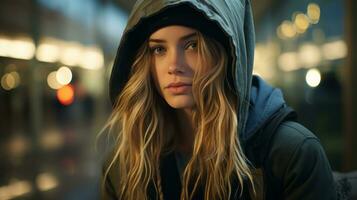 a young woman in a hoodie looking away from the camera generative ai photo