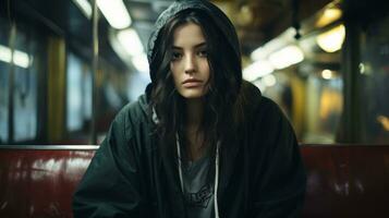 a young woman in a hoodie sitting on a train generative ai photo