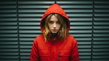 a young woman in a red jacket standing in front of a wall generative ai photo