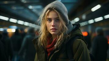 un joven mujer en un invierno Saco en pie en un subterraneo estación generativo ai foto