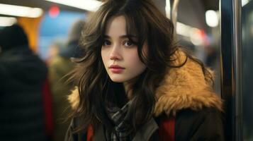 a young woman in a winter coat standing on a subway platform generative ai photo