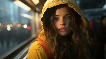 a young woman in a yellow raincoat on a train generative ai photo